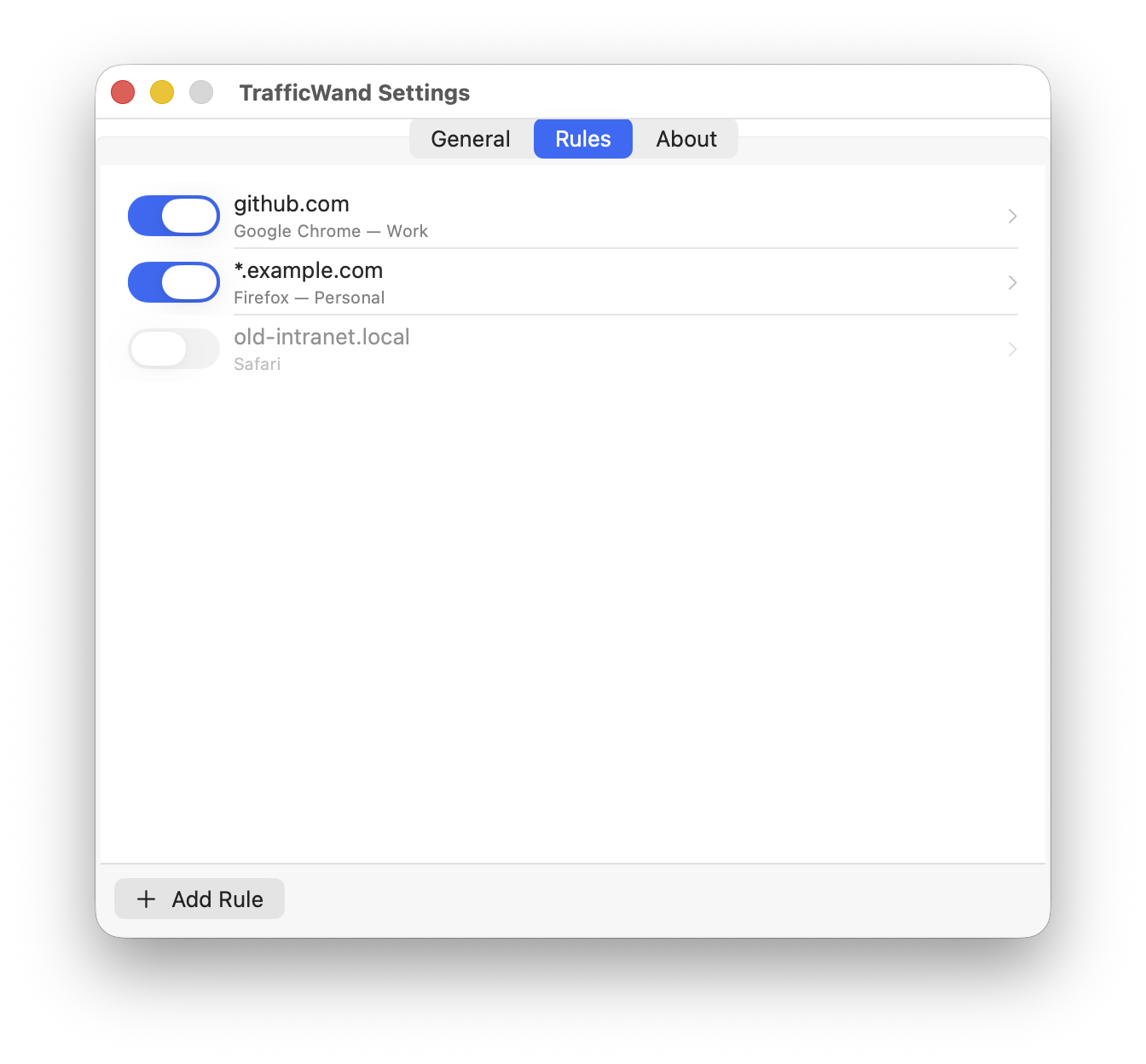 Traffic Wand settings window showing the ordered list of rules